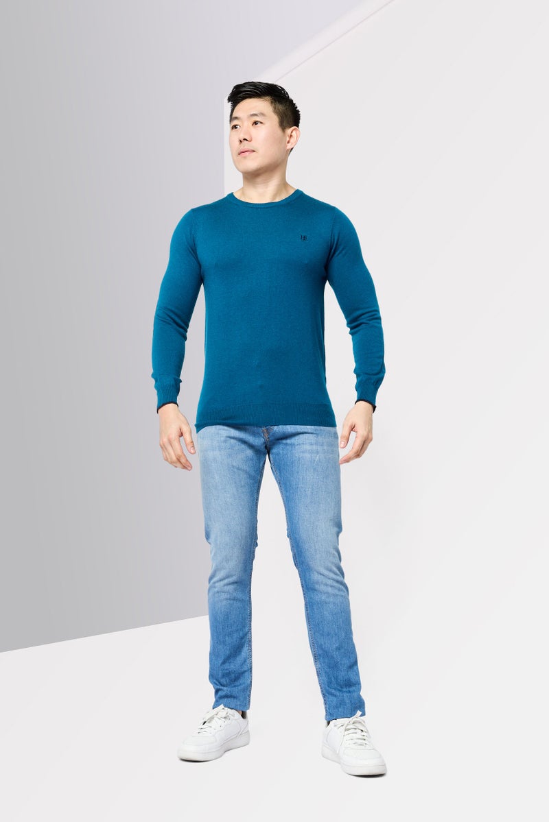 Harmont & Blaine سويت شيرت رجالي بأكمام طويلة وياقة دائرية، مزين بشعار، أخضر مائل إلى الأزرق - Image 2