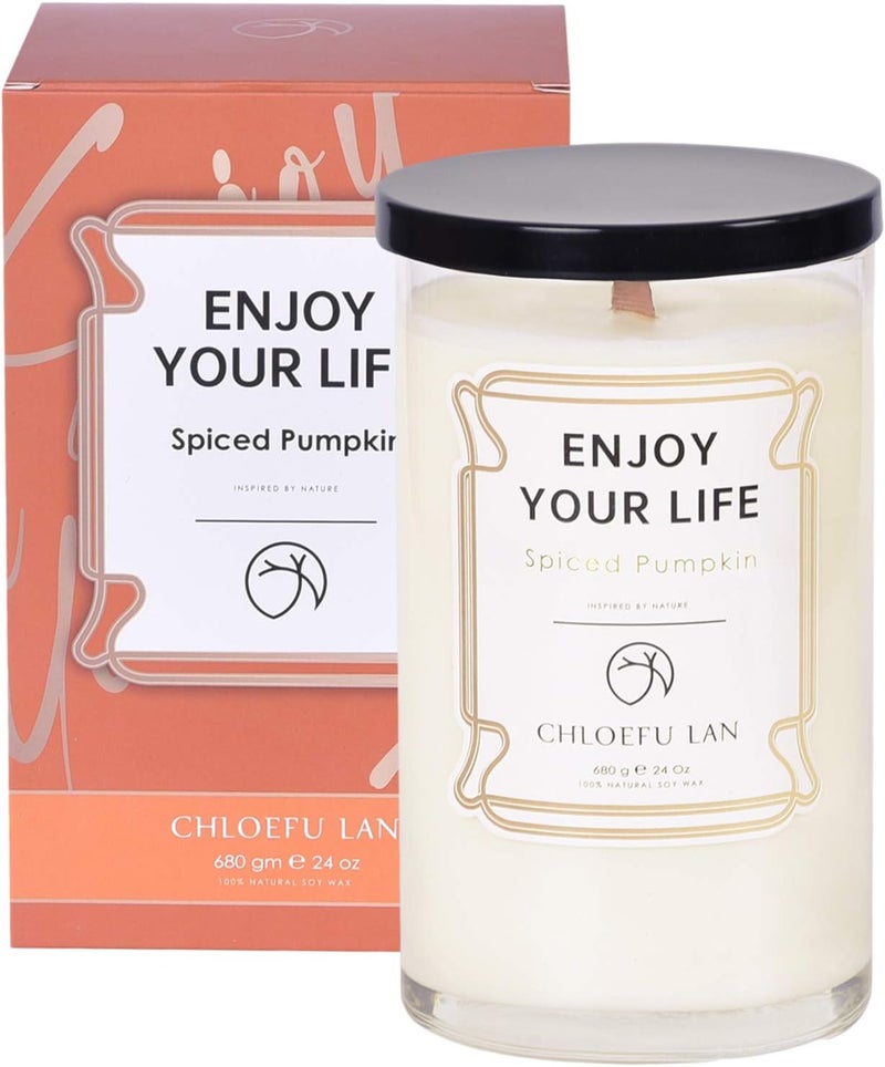 Chloefu LAN Fall Candles Farmhouse Spiced Pumpkin Candles Large Jar, 100% Natural Soy Candle for Home,Wood Wicked Candle,Highly Scented,110 Hours Long Burning, 24oz, Scented Candle for Halloween - Image 1