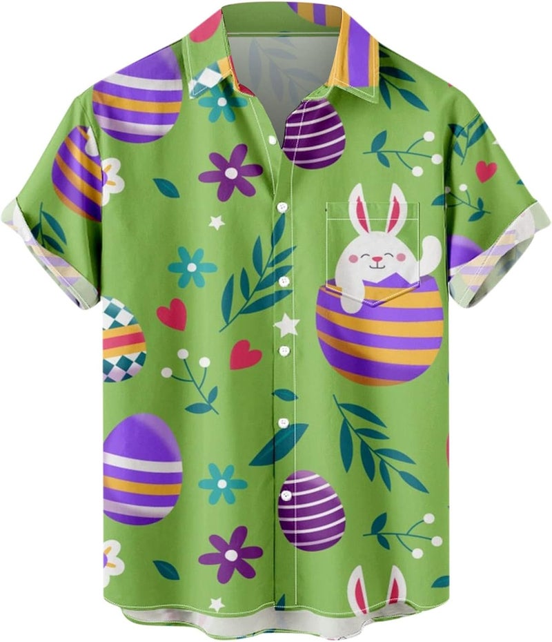cheekyglo Men's Casual Button-Down Shirts Easter Eggs Bunny Printed Graphic T-Shirts Short Sleeve Hawaiian Beach Shirts for Men - Image 1