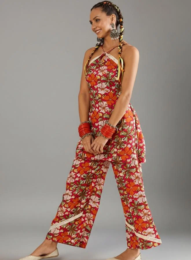 WineRed WineRed Women Pink Rayon Floral Print Alter Neck Co-Ord Set