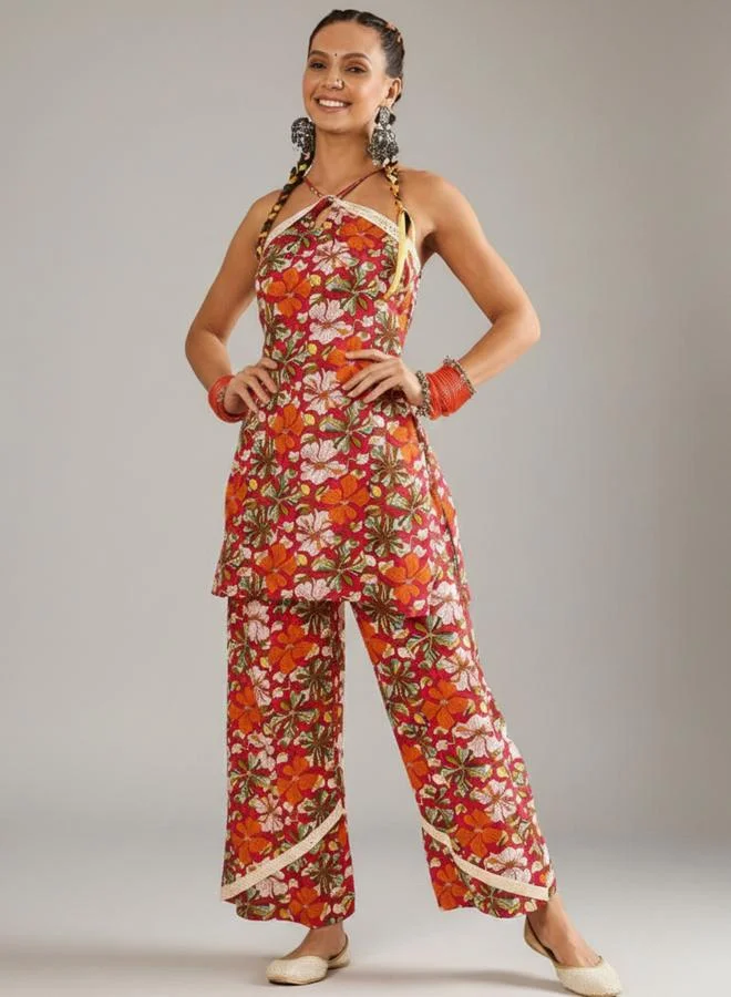 WineRed WineRed Women Pink Rayon Floral Print Alter Neck Co-Ord Set