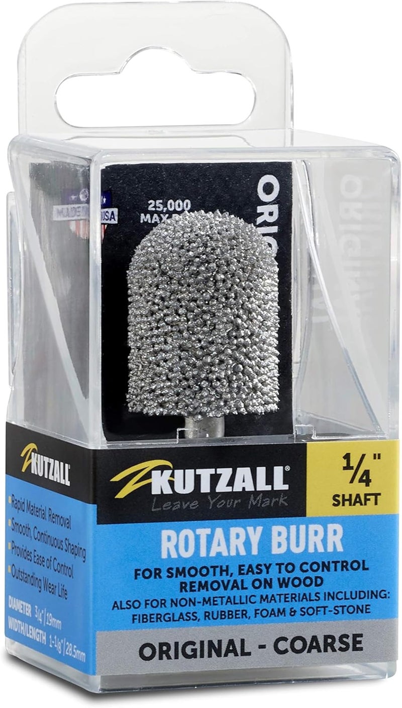 Kutzall Original Ball Nose Rotary Burr, 1⁄4" Shaft, Coarse - Wood Carving Bit for Bosch, DeWalt, Milwaukee. Abrasive Tungsten Carbide, 3⁄4" (19mm) Dia. X 1-1⁄8" (28.5mm) Length, BN-34 - Image 1