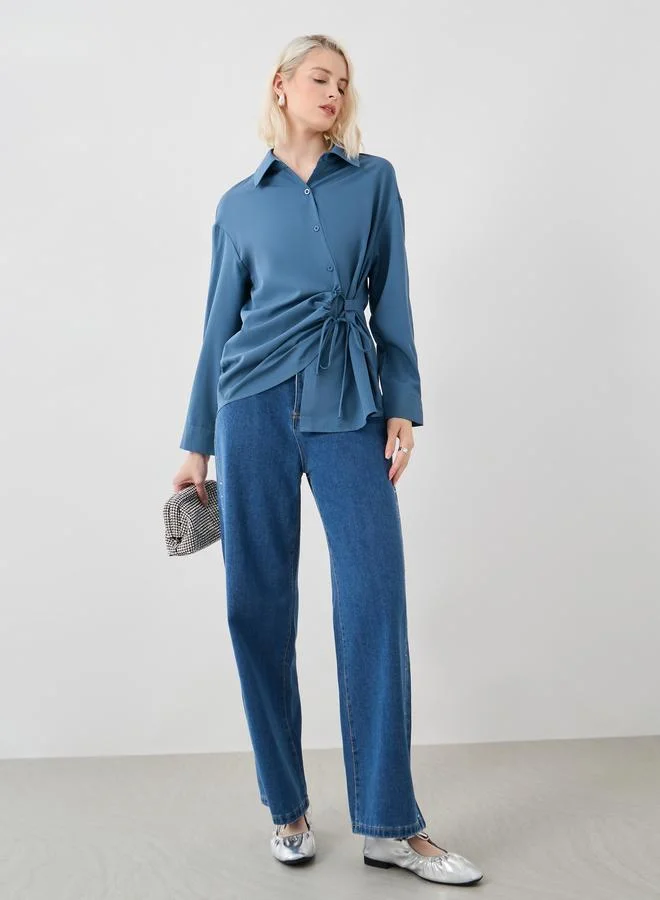 Take Two Take Two Solid Buttoned Top with Tie-Up Detail