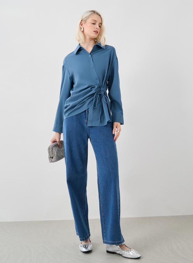 Take Two Solid Buttoned Top with Tie-Up Detail - Image 2