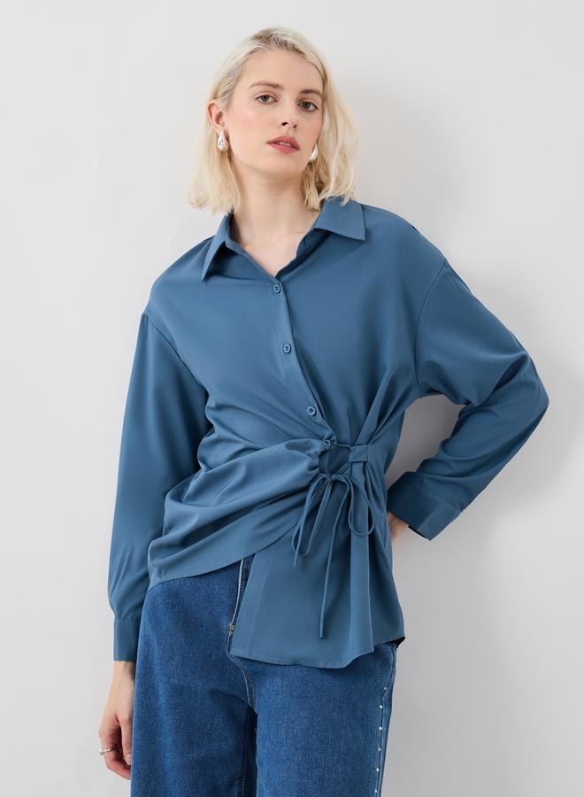 Take Two Solid Buttoned Top with Tie-Up Detail - Image 1