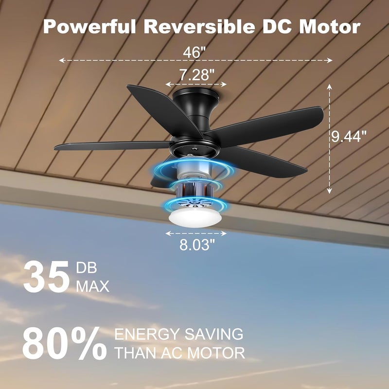 Ohniyou Ceiling Fan with Lights, 46" Flush Mount Ceiling Fans Remote/APP Control - Dimmable, Quiet DC Motor, Indoor Ceiling Fans for Bedroom Kitchen, Black - Image 2