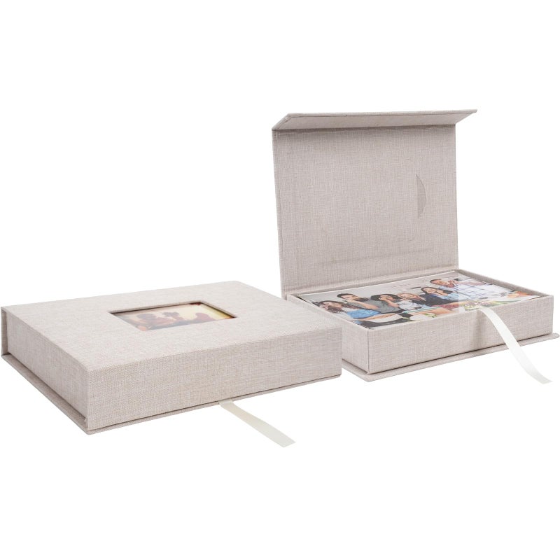 Hiwhy Linen Photo Storage Box, 5 x 7 Inch Memory Keepsake Organizer with Transparent Window, Stylish Photo Box for Storing Pictures, Keepsakes, Postcards, Scrapbooking Supplies, Beige - Image 1
