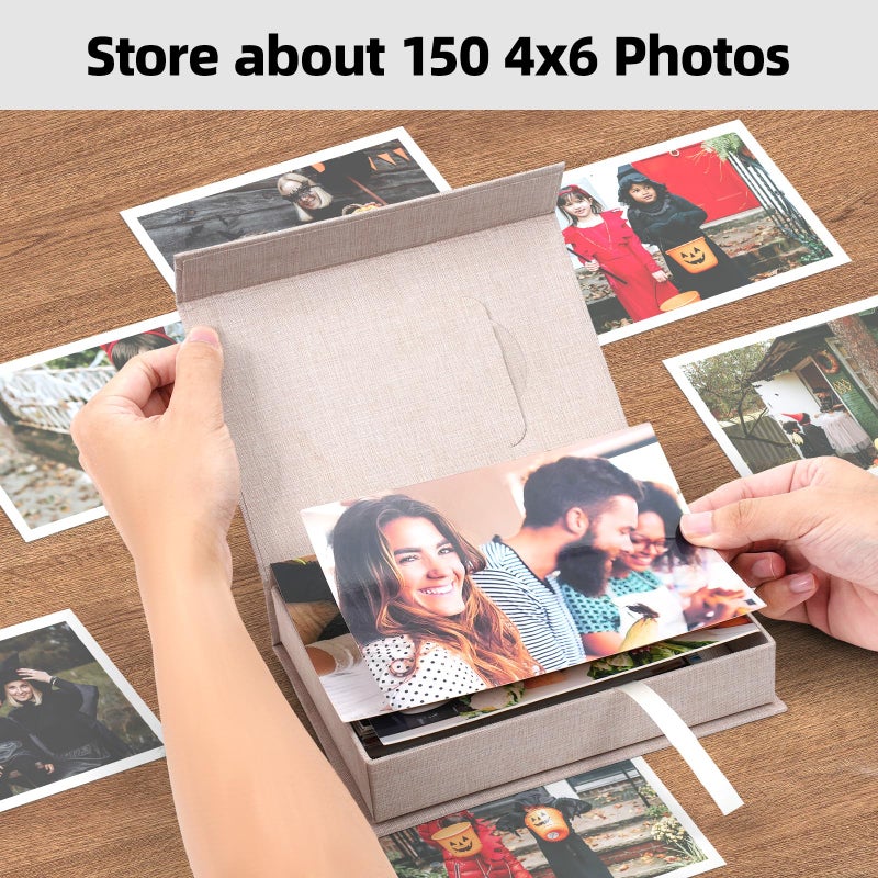 Hiwhy Linen Photo Storage Box, 5 x 7 Inch Memory Keepsake Organizer with Transparent Window, Stylish Photo Box for Storing Pictures, Keepsakes, Postcards, Scrapbooking Supplies, Beige - Image 4
