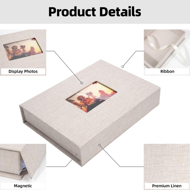 Hiwhy Linen Photo Storage Box, 5 x 7 Inch Memory Keepsake Organizer with Transparent Window, Stylish Photo Box for Storing Pictures, Keepsakes, Postcards, Scrapbooking Supplies, Beige - Image 3
