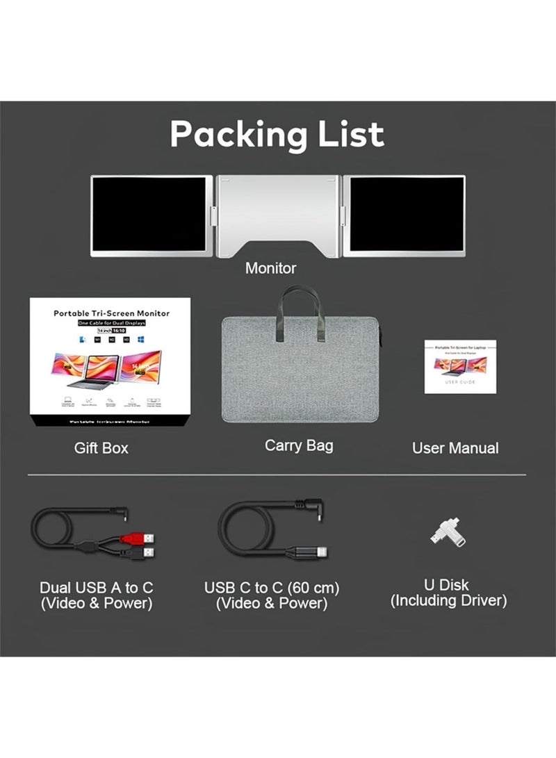 HILUKE Triple Portable Monitor, FHD 1200P IPS Laptop Monitor Extender Full Function Type-C/HDMI Ports, Foldable Dual Screen Extender for 13.3’’-17.3" Compatible with Windows, Mac - Image 5