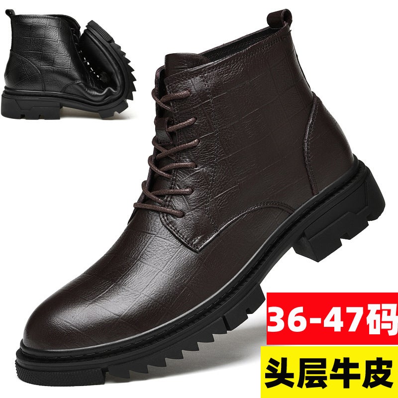 Winter Men'S Plus Size 45 Leather Martin Boots 46 Fleece-Lined Warm 47 Overalls Boots Small Size 36 Full Cowhide 37 Leather Boots - Image 2