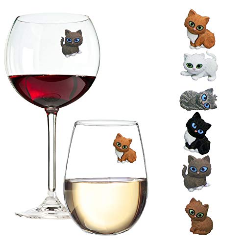 Simply Charmed Cat Wine Charms or Drink Glass Markers - Magnetic - Great Birthday or Hostess Gift for Cat Lovers - Set of 6 Cute Kitty Glass Identifiers - Image 1