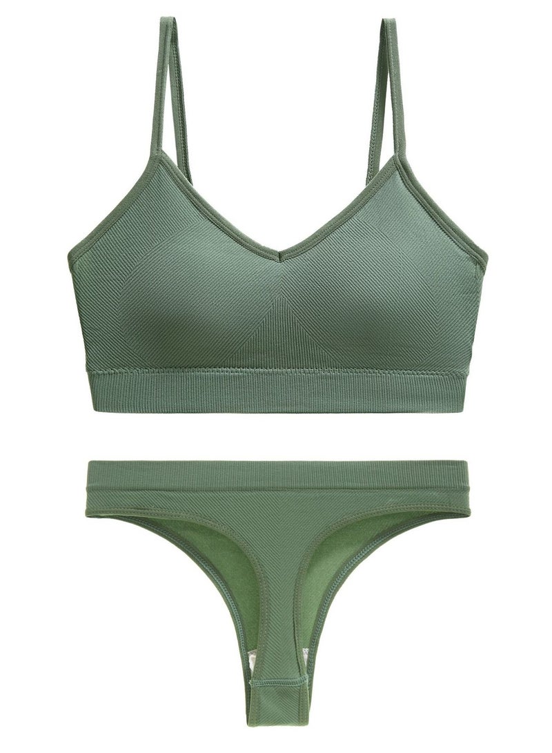 Loquat Women's Solid Color Lingerie Set 2-piece Seamless Wireless Bra+Low Waisted Thong Shorts Sport Suit Dusty Green 