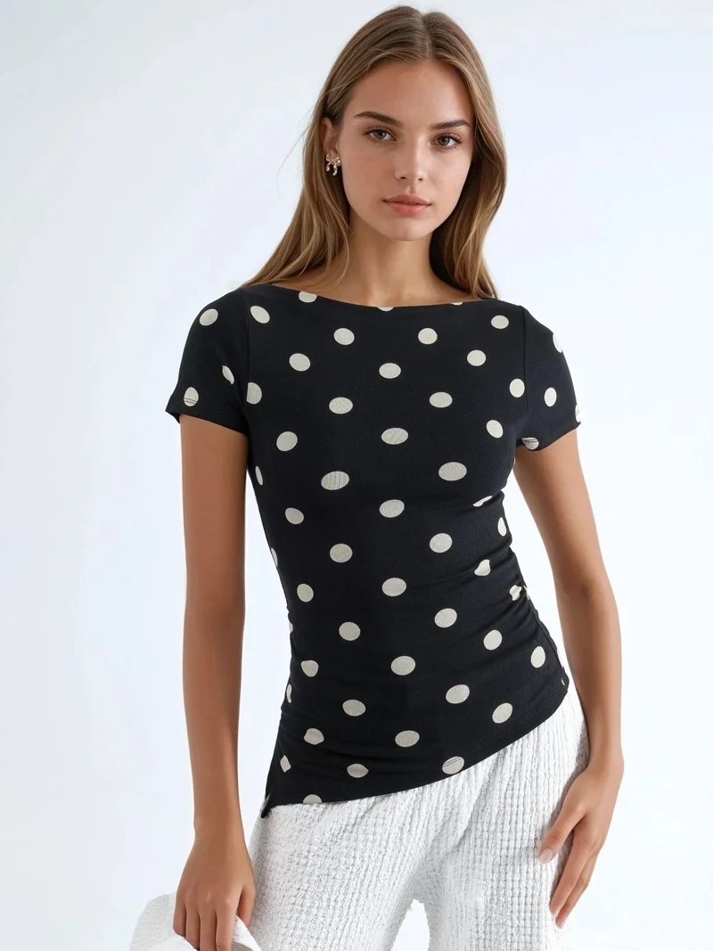 Busem BUSEM Polka Dot Crew Neck Short Sleeve Blouse