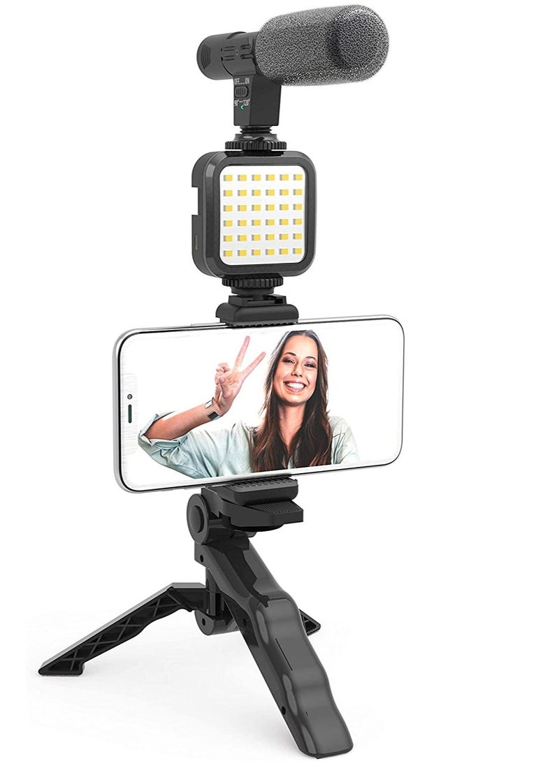 Generic DigiPower Vlogging"Like Me" LED Video Light + Microphone + Mobile Phone Holder + Hand Grip/Mini Tripod Compatible with Smartphones for TikTok, Youtube, Live Streaming and Meetings  - Image 1
