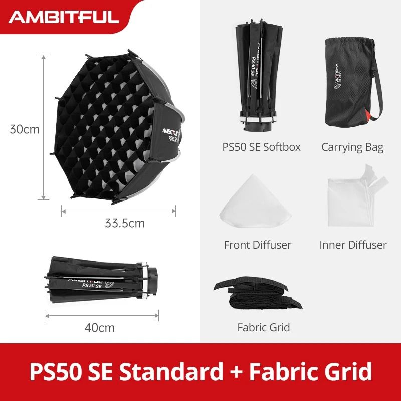 Ambitful Ps50 SE Mini Quick-Release Octagon Softbox with Bowens Mount and Honeycomb Grid for LED Flash - Image 1