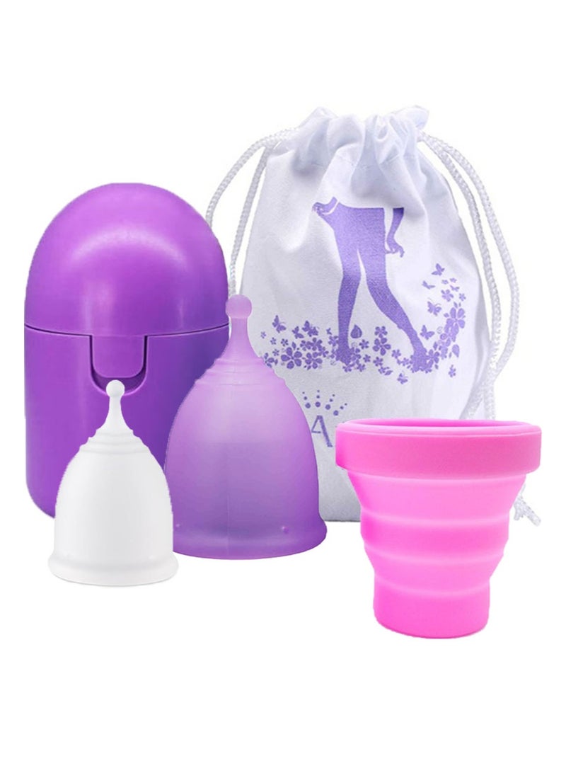 ANYTIME Menstrual Cups Set of 2 with Collapsible Cleaner Silicone and Sterilizer Box - Soft Reusable Period Kit - Tampon Pads Disc Alternative - Menstruation Feminine Cup Regular, Heavy Flow (Small & Large) - Image 1
