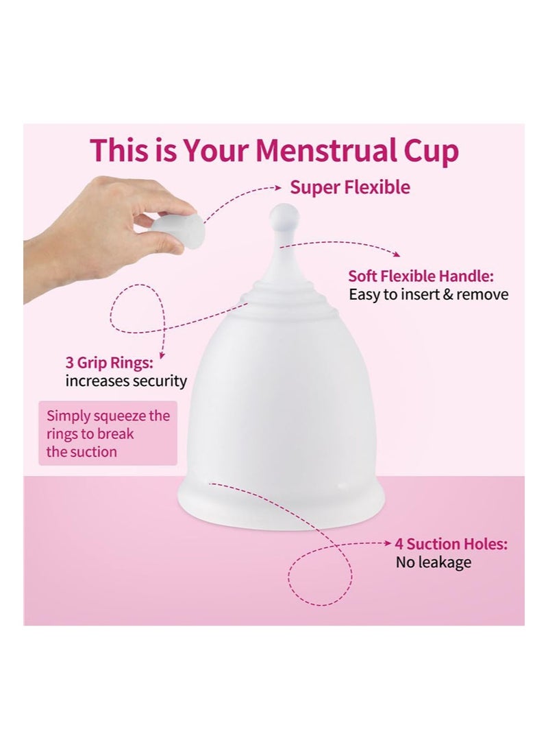 ANYTIME Menstrual Cups Set of 2 with Collapsible Cleaner Silicone and Sterilizer Box - Soft Reusable Period Kit - Tampon Pads Disc Alternative - Menstruation Feminine Cup Regular, Heavy Flow (Small & Large) - Image 3