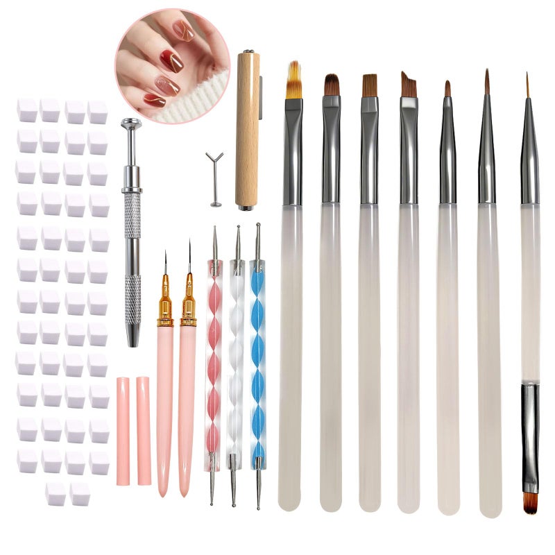 Neutechno 65Pcs Nail Art Tools Set, Professional 7Pcs Nail Art Brushes and 2Pcs Striping Liner Brush, 3Pcs Dual Tipped Dotting Pens, 4-Types Cat Eye Magnet, 50Pc Nails Sponges for Ombre & Grabbing Pen - Image 1