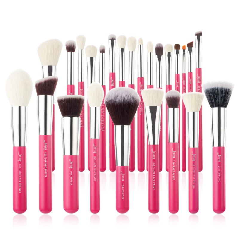 Jessup Brand 25pcs Professional Makeup Brush Set Beauty Cosmetic Foundation Powder Blusher Eye Shadow Blending Concealer Highlight NaturalSynthetic Hair Brushes Set Rose CarmineSilver