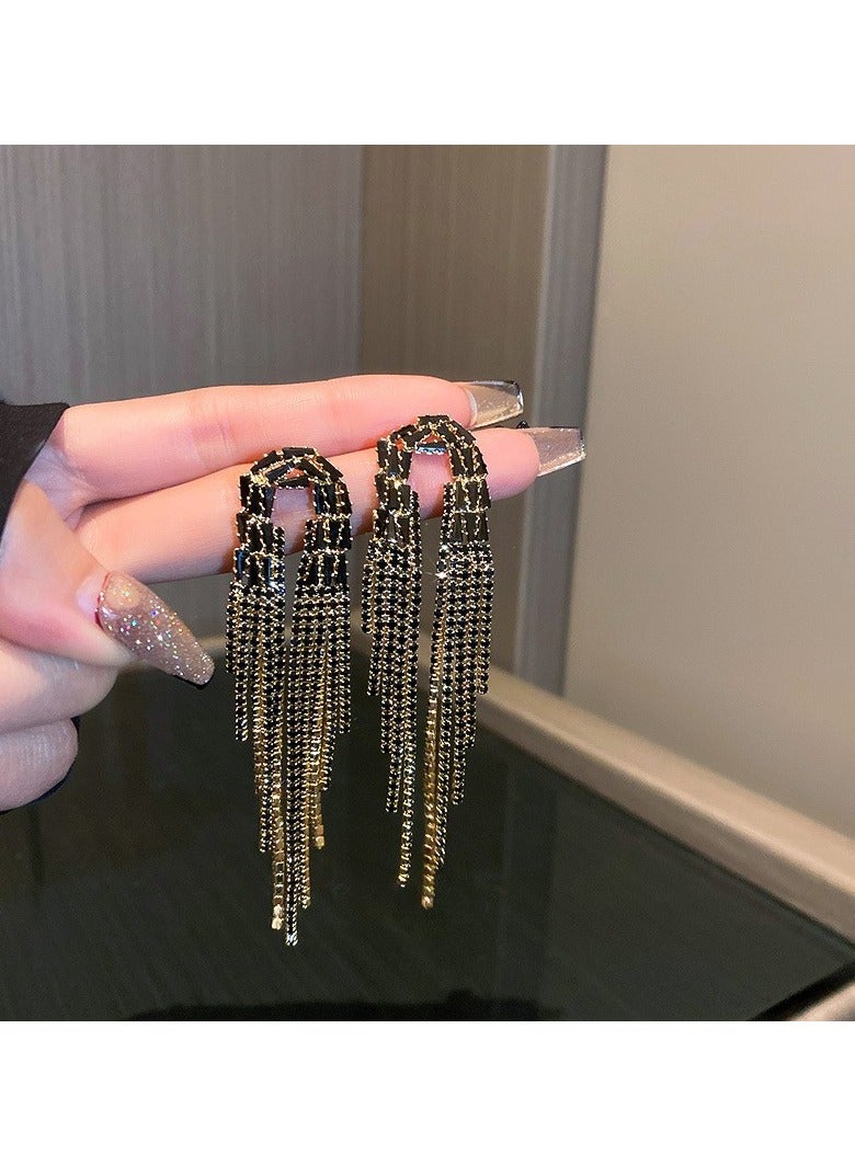 925 Silver Pin Black Tassel Earrings for Women 