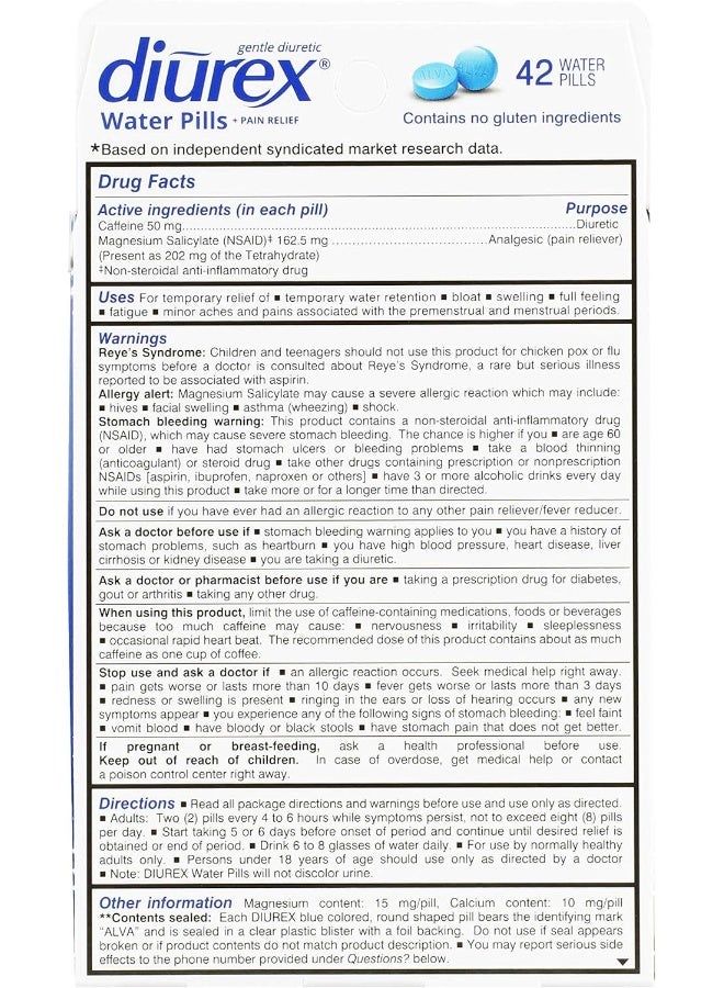 Diurex Water Pills + Pain Relief - Relieve Water Bloat, Cramps, & Fatigue - 42 Count - Image 3