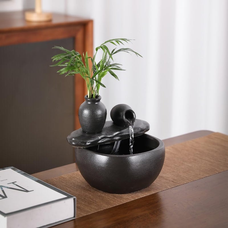 Andady Ceramic Tabletop Fountain for Indoor and Home Decoration Table Desk Office Patio (Ceramic Pot Fountain) (Black) - Image 3