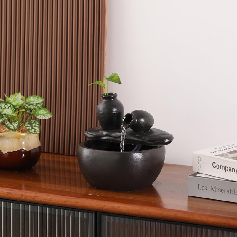 Andady Ceramic Tabletop Fountain for Indoor and Home Decoration Table Desk Office Patio (Ceramic Pot Fountain) (Black) - Image 4