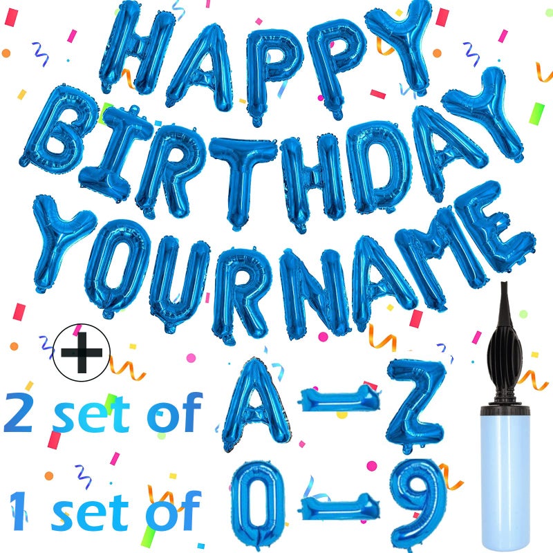 Awfrky 76pcs Happy Birthday Balloon Banner Blue Balloons Letters Personalized 16 Mylar Foil Birthday Decorations includes 2 Sets A Z 1 set Number 09 and HAPPY BIRTHDAY letters with Balloon Pump - Image 3