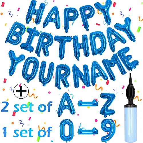 Awfrky 76pcs Happy Birthday Balloon Banner Blue Balloons Letters Personalized 16 Mylar Foil Birthday Decorations includes 2 Sets A Z 1 set Number 09 and HAPPY BIRTHDAY letters with Balloon Pump - Image 1