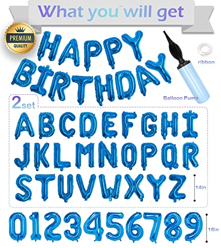 Awfrky 76pcs Happy Birthday Balloon Banner Blue Balloons Letters Personalized 16 Mylar Foil Birthday Decorations includes 2 Sets A Z 1 set Number 09 and HAPPY BIRTHDAY letters with Balloon Pump - Image 5