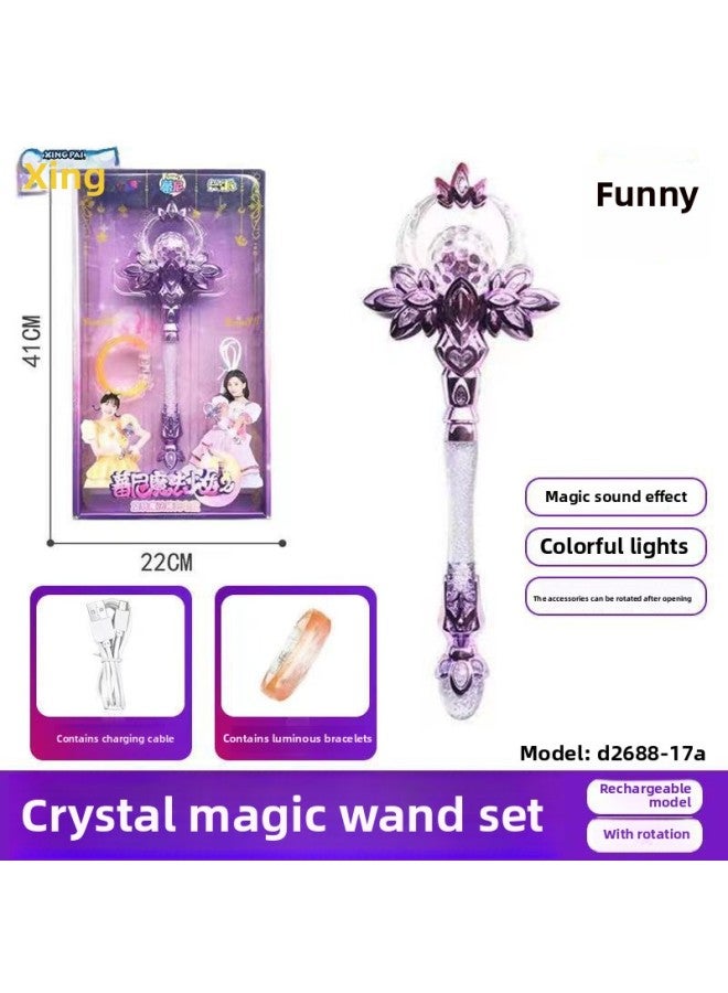 Children's Crystal Luminous Fairy Magic Stick Girls' Toy Girls' Music BA Little Magic Fairy Lala Princess Gift Festival-Color:Rechargeable Rotating Glare Crystal Magic Wand (d2688-17a Purple (bracelet Version)  - Image 1