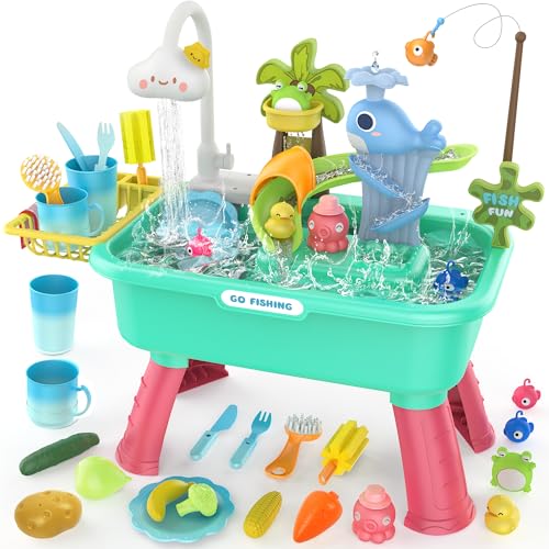 flybakiz 4in1 Electric Water Table Toy for Toddlers 13Kitchen Play Sink Toys with Running Water for Kid with Water PumpAnimals Food TablewareColor Changing Pretend Role Birthday Toy for Boy and Girl - Image 1