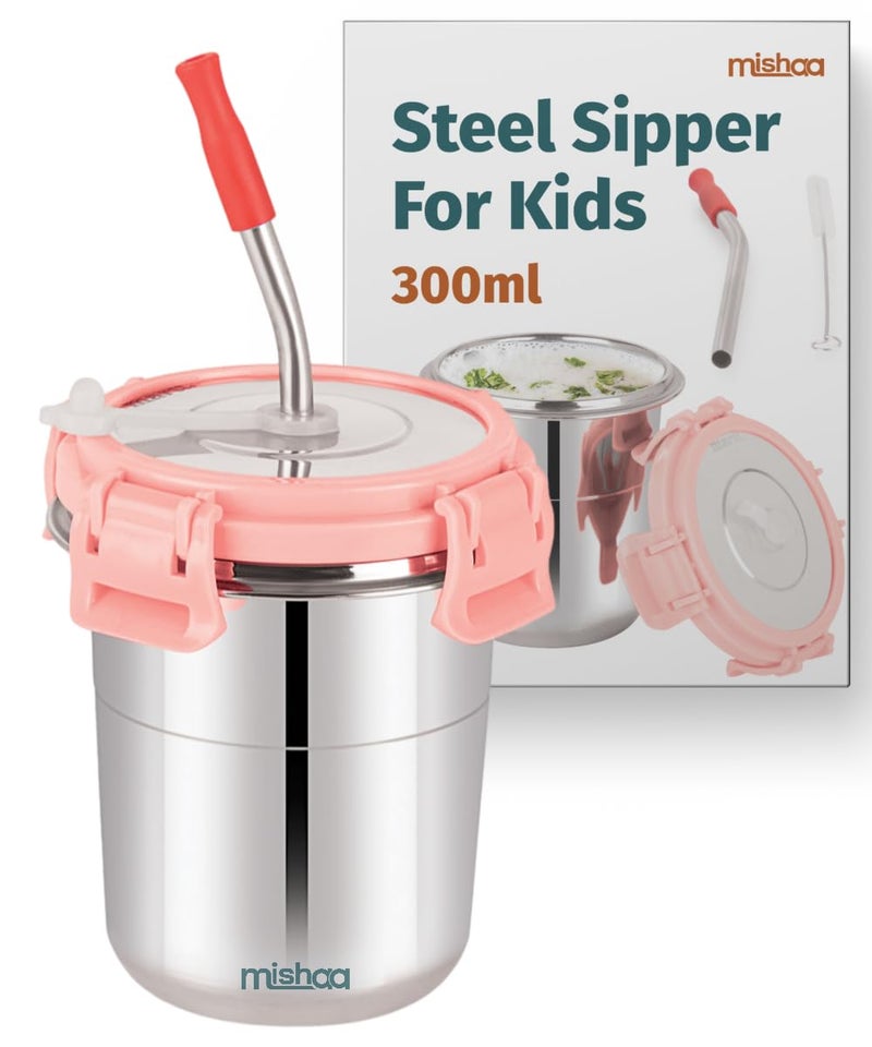 Mishaa 300ml Stainless Steel Tumbler for Kids 1 Pc, Stylish Drinkware with Leak-Proof Straw, Secure Lid & Handy Cleaning Brush, Ice Pink - Image 1