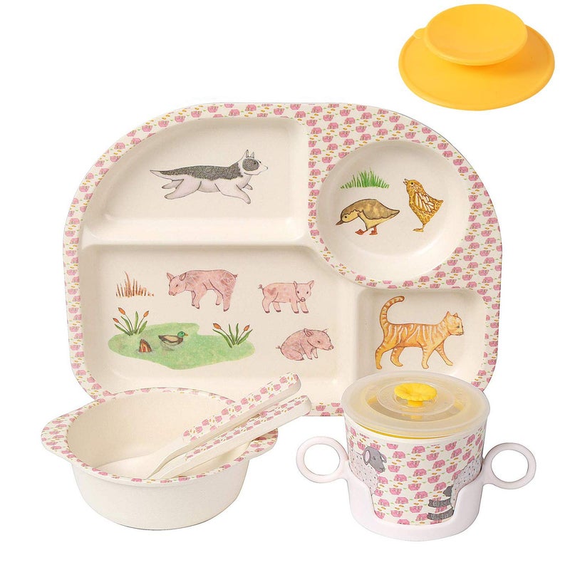 shopwithgreen 7Pcs/Set Bamboo Kids Dinnerware Set - Children Dishes - Food Plate Bowl Cup Spoon Fork Set Dishware, Cartoon Tableware, Dishwasher Safe Kids Healthy Mealtime, BPA Free - Image 1
