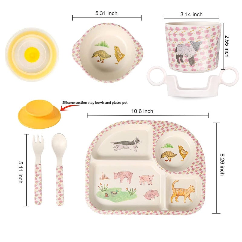 shopwithgreen 7Pcs/Set Bamboo Kids Dinnerware Set - Children Dishes - Food Plate Bowl Cup Spoon Fork Set Dishware, Cartoon Tableware, Dishwasher Safe Kids Healthy Mealtime, BPA Free - Image 2