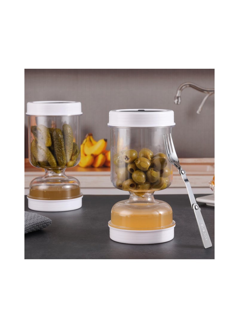 Generic - New Upgrade Pickle and Olive Hourglass Jar, with Strainer Flip Olive Hourglass Jar, Wet and Dry Pickle Juice, Juice Separator, Pickle Container, Kimchi Jar for Airtight Food Storage(With a Fork) - Image 1