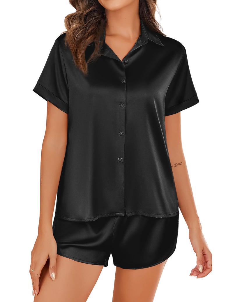 Ekouaer Black Silk Pajamas for Women 2 Piece Sleepwear Short Sleeve Button Down Soft Pj Set Cute Loungewear Black L - Image 1
