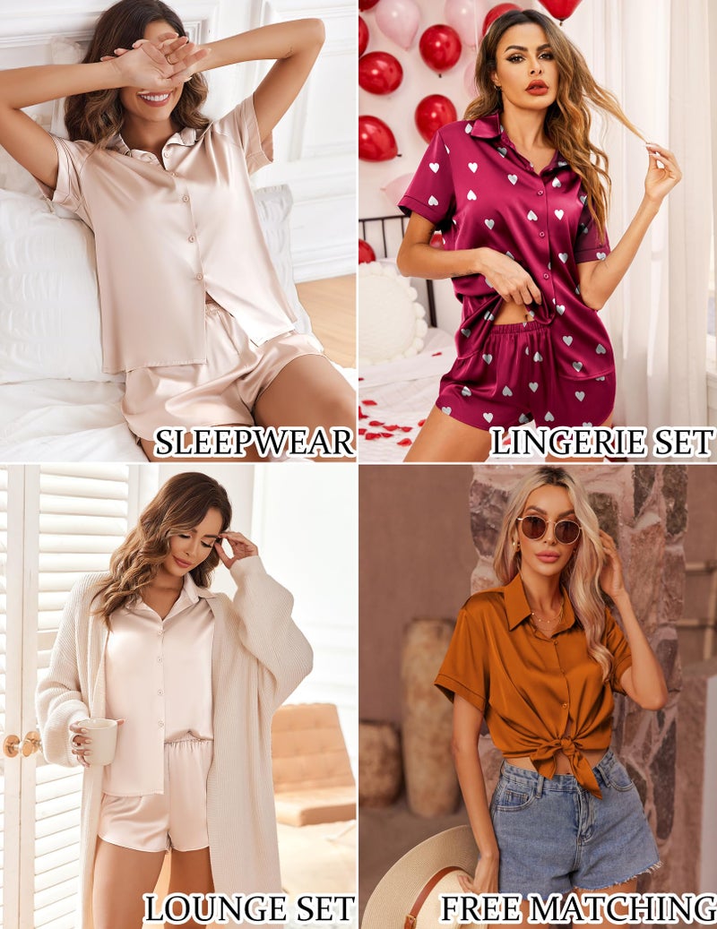 Ekouaer Black Silk Pajamas for Women 2 Piece Sleepwear Short Sleeve Button Down Soft Pj Set Cute Loungewear Black L - Image 5