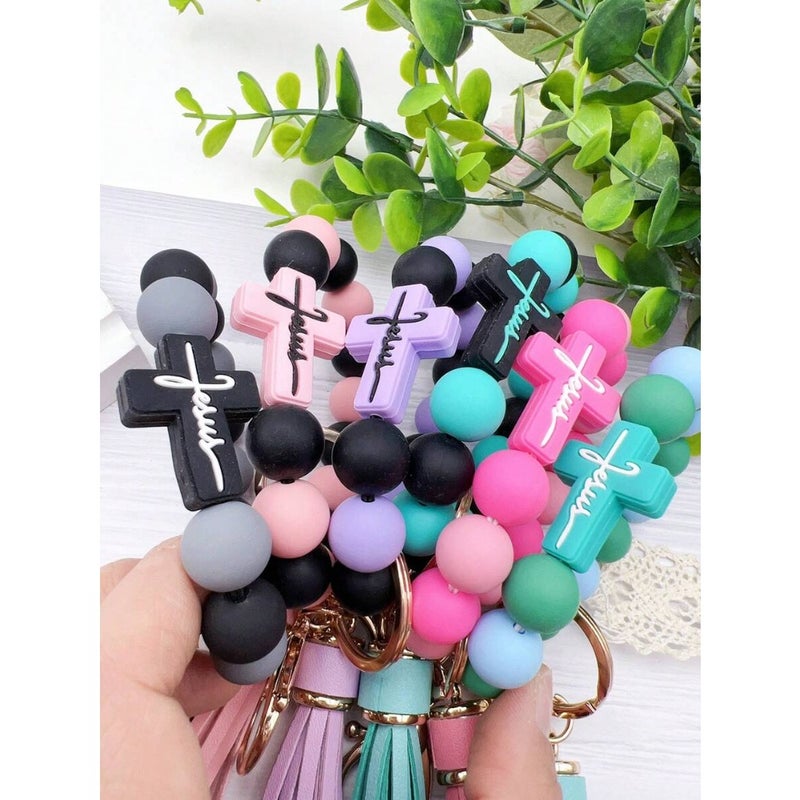 1pc Silicone Beaded Bracelet Keychain, Creative Wrist Strap Keyring Bag Charm, Ideal Gift For Friends, Siblings, Women, Mothers, Suitable For Daily Outfit Car Accessories School Bag Accessories Lanyards With Id Holder Car Accessories Bag Charms Gifts For Mother, Father, Graduation, And Teacher - Image 1