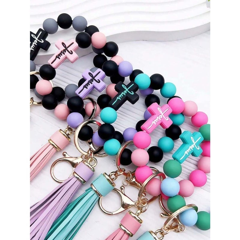 1pc Silicone Beaded Bracelet Keychain, Creative Wrist Strap Keyring Bag Charm, Ideal Gift For Friends, Siblings, Women, Mothers, Suitable For Daily Outfit Car Accessories School Bag Accessories Lanyards With Id Holder Car Accessories Bag Charms Gifts For Mother, Father, Graduation, And Teacher - Image 5