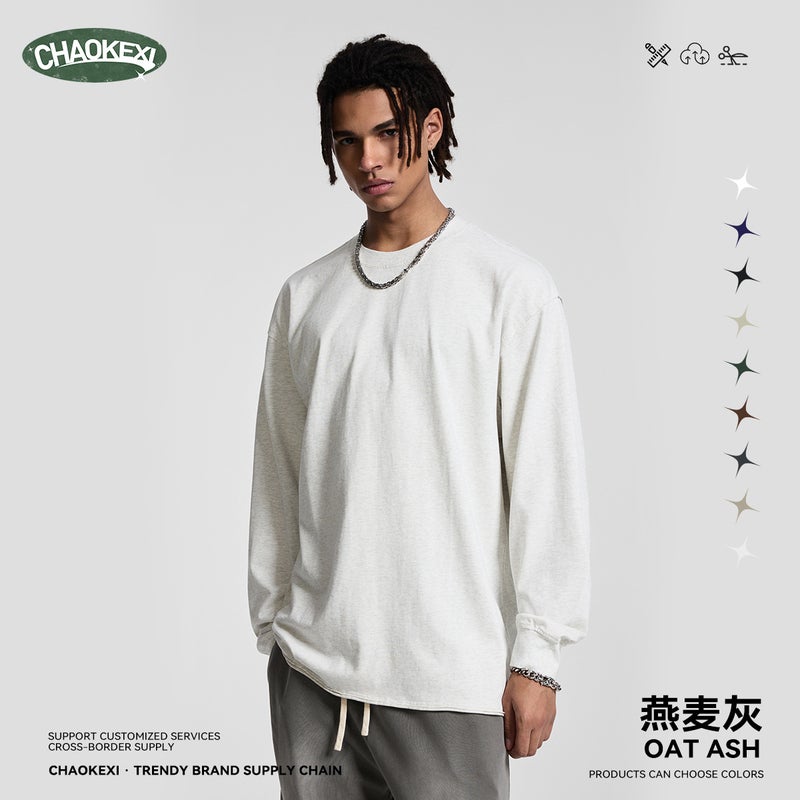 Autumn American high street solid color heavyweight 305g pure cotton short-sleeved loose long-sleeved basic men's and women's small neckline men's clothing - Image 2