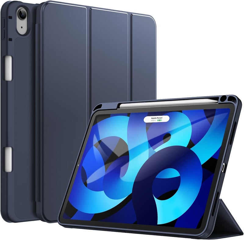جي تيك حافظة لجهاز آيباد إير 5/4 2022/2020 الجيل الخامس/الرابع 10.9 بوصة مع حامل قلم، تدعم شحن القلم الثاني، غطاء رفيع للجهاز اللوحي مع ظهر ناعم من البولي يوريثان الحراري، خاصية الإيقاظ/السكون التلقائي، أزرق داكن - Image 1