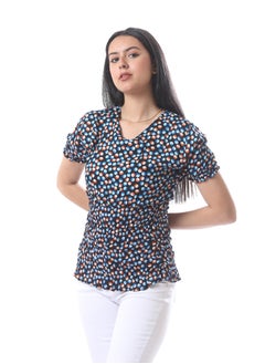Andora Ruffled Short Sleeves Top With Dotted Pattern - Black, Blue & Red  - Image 2