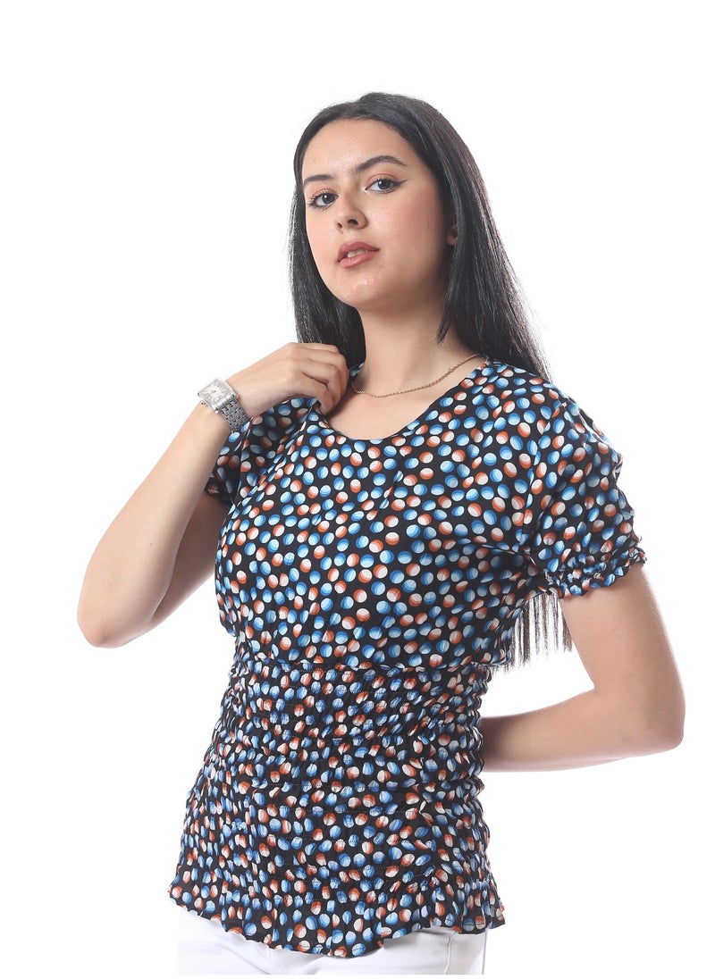 Andora - Ruffled Short Sleeves Top With Dotted Pattern - Black, Blue & Red - Image 1