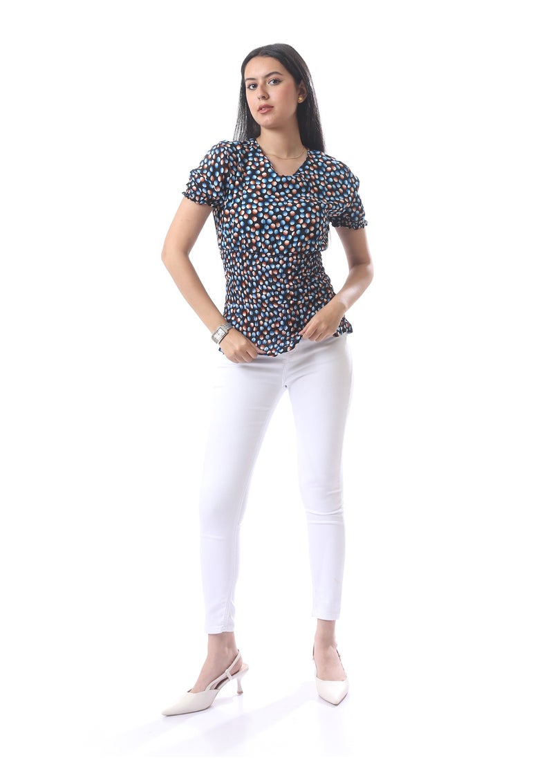 Andora - Ruffled Short Sleeves Top With Dotted Pattern - Black, Blue & Red - Image 1