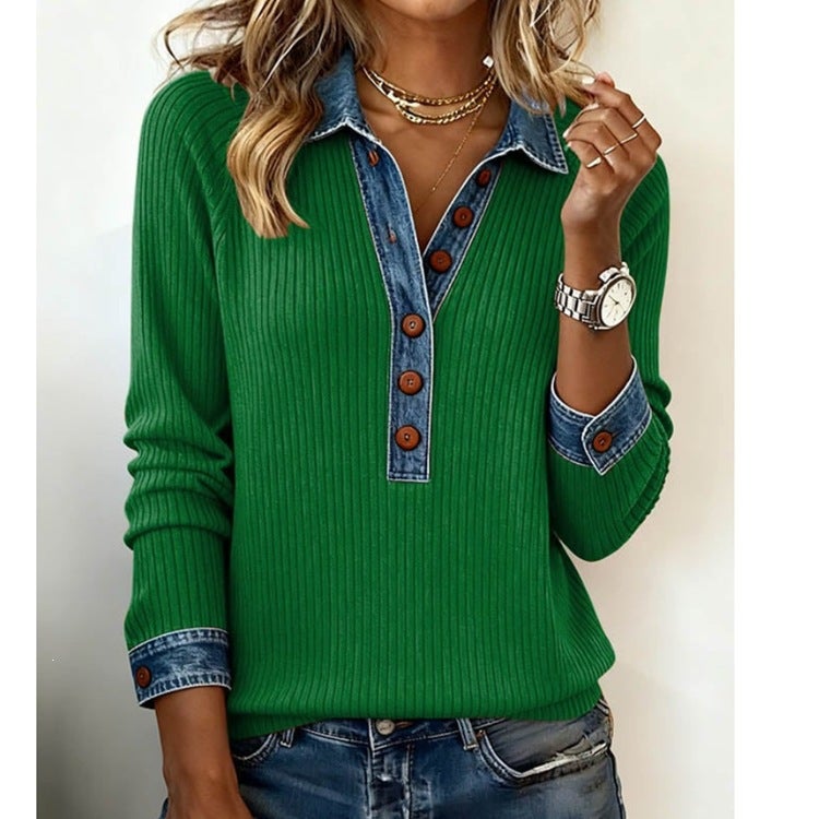 Ins Denim Collar Long-Sleeved Knitted Polo Shirt Top for Women with Patchwork Single-Breasted Buttons and - Image 4