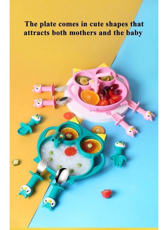 StarAndDaisy أطباق أطفال مع شفاطات من السيليكون مع مقسمات شفط للأطفال خالية من مادة BPA آمنة للاستخدام في الميكروويف وغسالة الأطباق مع مجموعة من الملاعق (وردي فاين كيتي) - Image 3