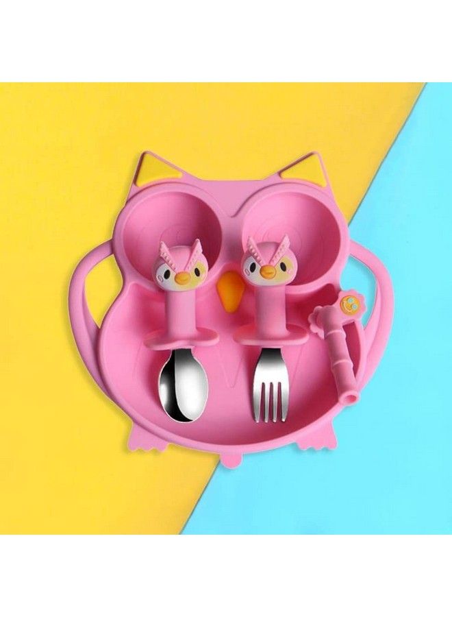 StarAndDaisy أطباق أطفال مع شفاطات من السيليكون مع مقسمات شفط للأطفال خالية من مادة BPA آمنة للاستخدام في الميكروويف وغسالة الأطباق مع مجموعة من الملاعق (وردي فاين كيتي) - Image 4