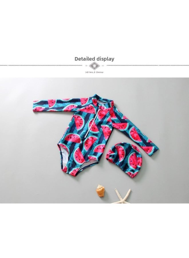 Loquat Children's Swimwear One-piece Girls' Long-sleeved Sunscreen Quick-drying Girls' Cute Baby Korean Hot Spring Swimwear-Color:9605 Red Watermelon- - Image 1